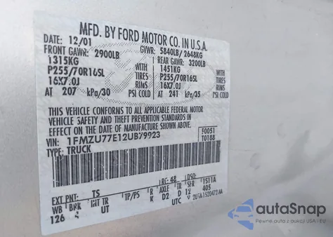 2002 Ford Explorer Sport Trac z USA, uszkodzony, nr VIN 1FMZU77E12UB79923